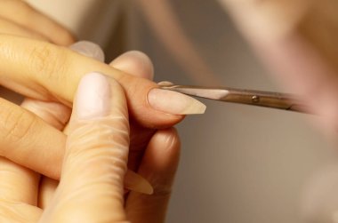 Müşterinin tırnaklarını kesen manikürcü ellerini kapat. Manikür yaptıran genç bir kadın. Güzellik salonunda tırnak kesme, el bakımı ve manikür.. 