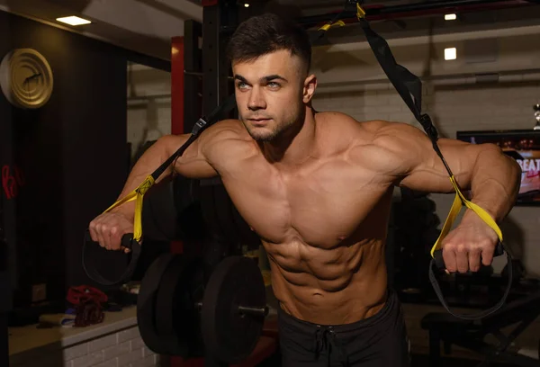 Young Man Doing Exercises Fitness Straps Gym — Stock Photo, Image