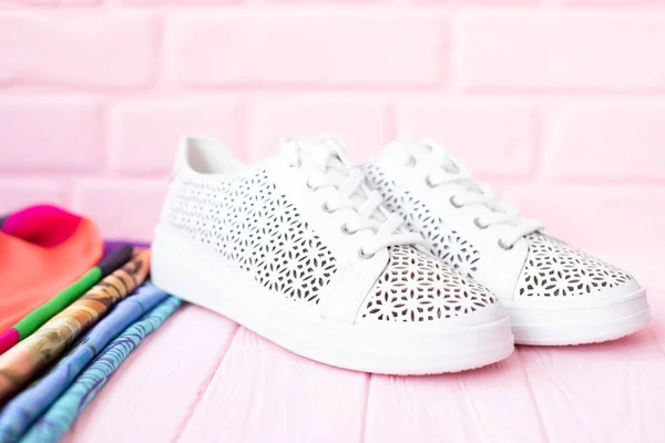 Close View Stylish White Sneakers Pink Wooden Background — Stock Photo, Image