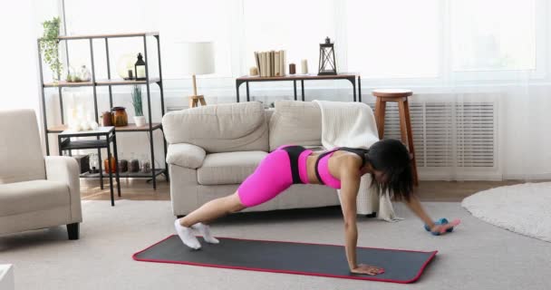 Sporty Black Woman Doing Exercises Floor Home Athletic Girl Sportswear — Stock Video