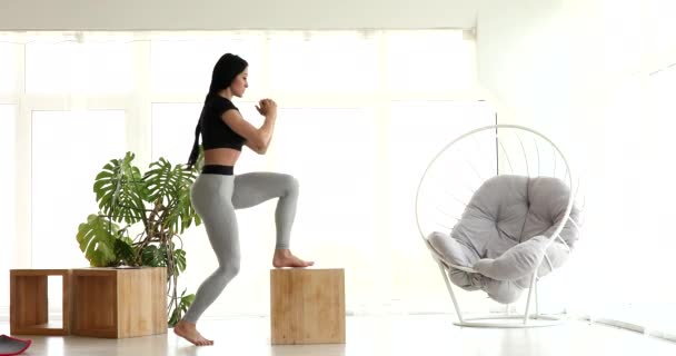 年轻女子在家里锻炼 胖胖的黑发女人在家里做健身训练 — 图库视频影像