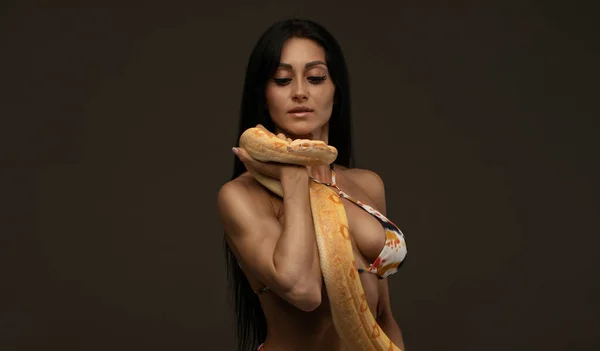Bella Giovane Donna Sexy Biancheria Intima Posa Con Serpente Sfondo — Foto Stock
