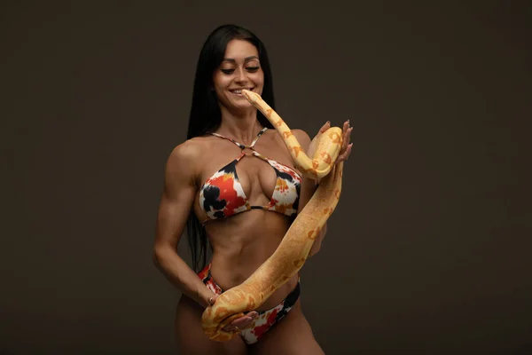 Sexy Jovem Mulher Roupa Interior Posando Com Cobra Escuro Cinza — Fotografia de Stock