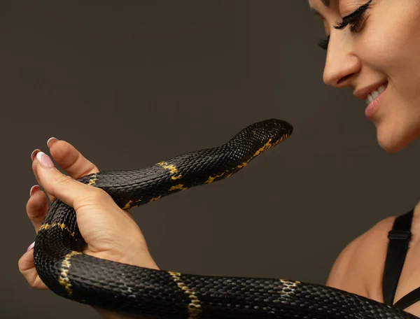 Close View Seductive Young Woman Posing Snake Grey Background — Stock Photo, Image