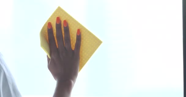 Genç Kadın Evde Bez Ile Pencere Temizleme — Stok video
