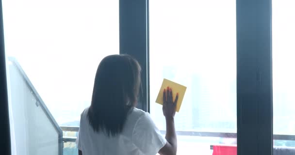 年轻女人清洗窗口用在家里的破布 — 图库视频影像