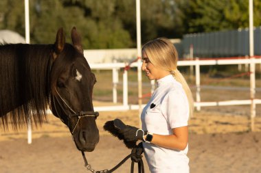 Genç bir kadın binicilik ve sürtünme atı olmaya hazırlanıyor.  
