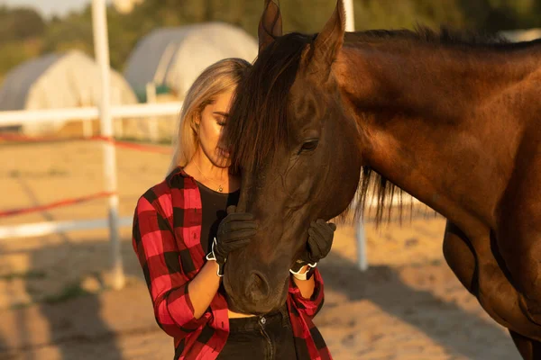 Kırmızı tişörtlü genç bir çiftçi atına sarılıyor. İnsanlar ve hayvanlar arasındaki aşk kavramı.