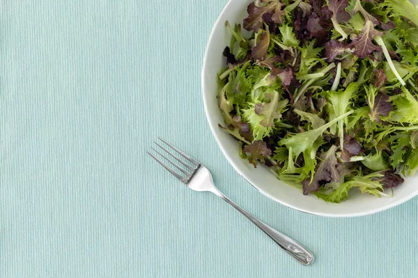 Gemischte Salatblätter Schüssel Und Gabel Auf Hellblauer Oberfläche Ansicht Von — Stockfoto
