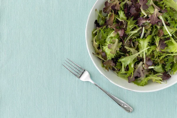 Foglie Insalata Mista Una Ciotola Una Forchetta Sulla Superficie Azzurra — Foto Stock