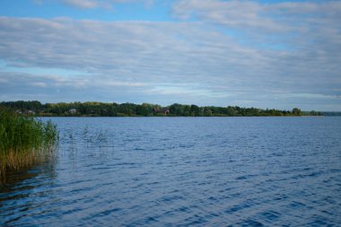 Yazın, orman gölünün gündüz manzarası yansıyan gökyüzü