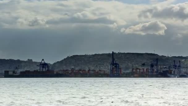 Container Ship and Port Atividade lapso de tempo — Vídeo de Stock