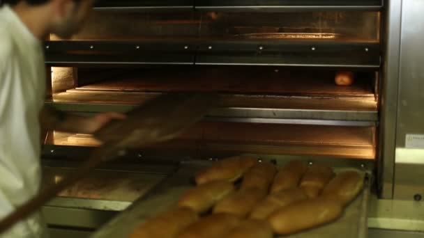 Baked bread out of the oven in a bakery 5 — Stock Video