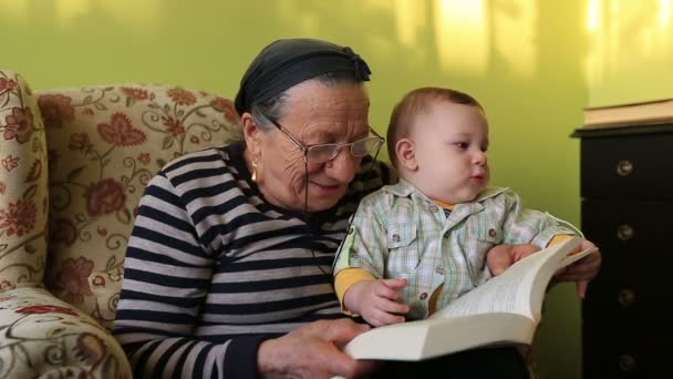 Großmutter liest Enkel ein Buch vor — Stockvideo