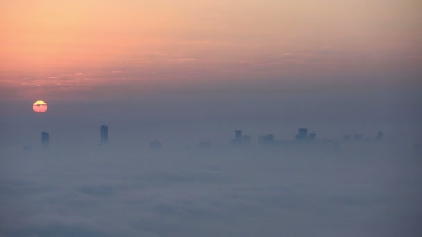 Time lapse aerial view foggy weather Dubai Marina at sunrise — Stock Video