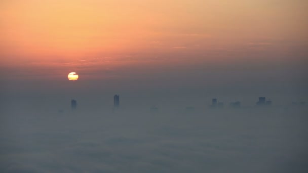 Sunrise aerial view foggy weather Dubai Marina — Stock Video