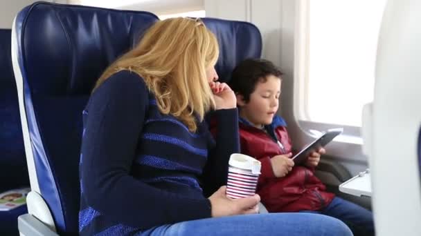 Mother and son in a train — Stock Video