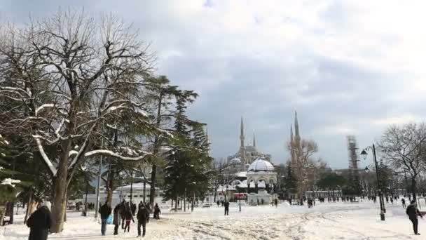 Tijd lapse wolken verplaatsen langs de blauwe hemel met blauwe moskee — Stockvideo