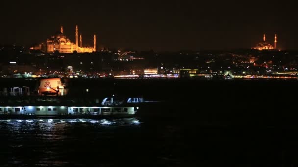 Berömda staden Istanbul skyline på natten — Stockvideo