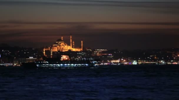 Ünlü şehir Istanbul manzarası mavi saat — Stok video