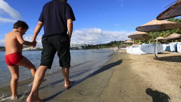 Батько і син ходять на пляжі — стокове відео