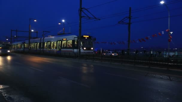 Tram passing on the galata bridge — Stock Video