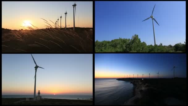 Montage vindkraftverk genererar ren energi — Stockvideo