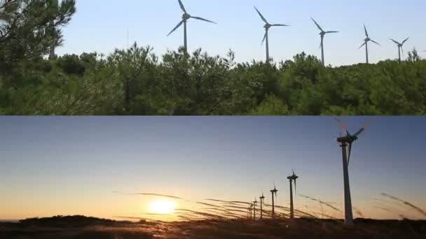 Montagem de turbinas eólicas gerando energia limpa — Vídeo de Stock