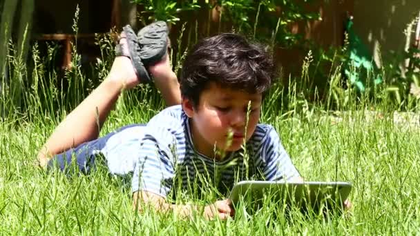 Piccolo ragazzo carino utilizzando tablet sull'erba — Video Stock