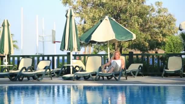 Woman Relaxing Pool — Stock Video