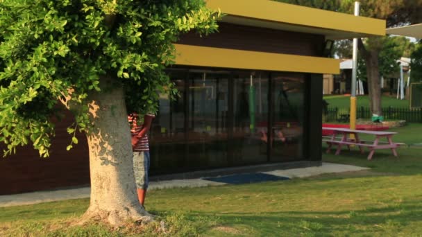 Portrait of a schoolboy with backpack smiling to a camera — Stock Video