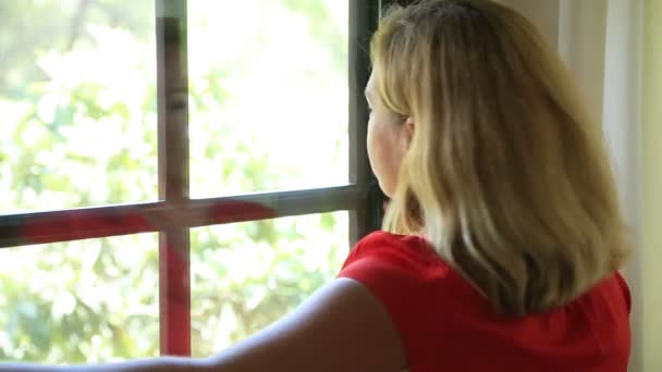 Woman sitting next to and looking out the window — Stock Video