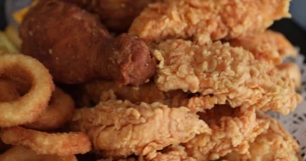 Macro View Tasty French Fries Crispy Chicken Nuggets Mustard Ketchup — Stock Video