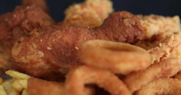 Macro View Tasty French Fries Crispy Chicken Nuggets Mustard Ketchup — Stock Video