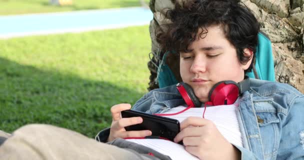 Retrato Adolescente Bonito Sentado Exterior Sozinho Kid Assistindo Tela Lendo — Vídeo de Stock