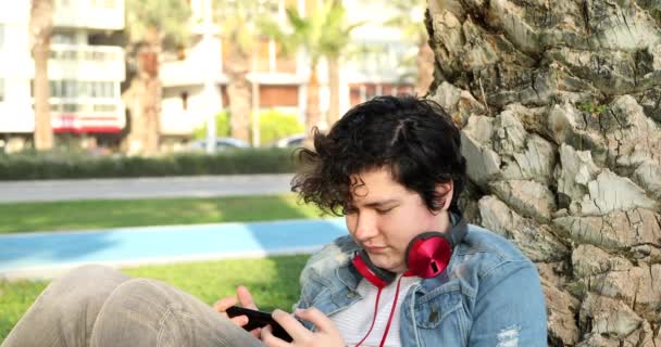 Porträt Eines Gutaussehenden Teenagers Der Allein Freien Sitzt Und Zuschaut — Stockvideo