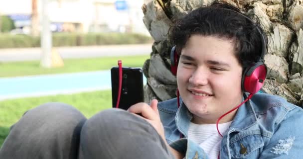 Potret Seorang Remaja Tampan Duduk Luar Ruangan Sendirian Kid Menonton — Stok Video