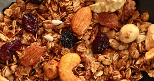 Granola Casera Saludable Con Frutos Secos Surtidos Frutas Secas Girando — Vídeo de stock