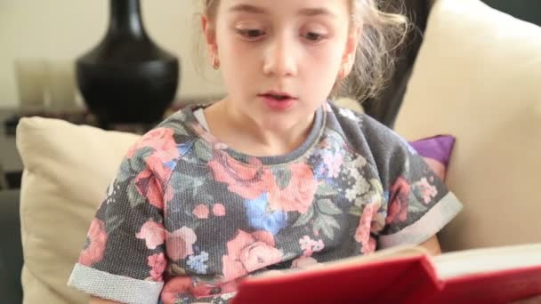 Маленька дівчинка читає книгу — стокове відео