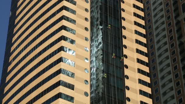 Washers wash the windows of skyscraper. — Stock Video