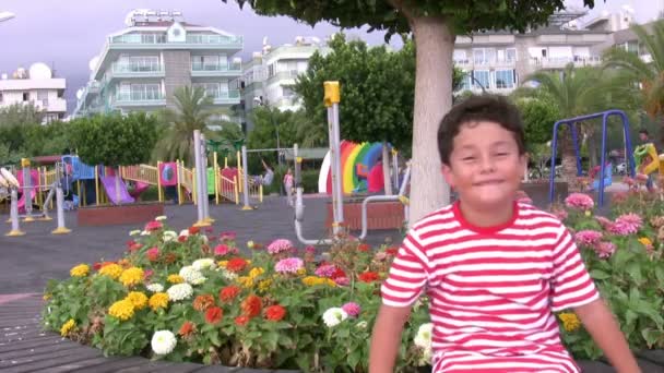 Enfant dans l'aire de jeux souriant et agitant la main — Video