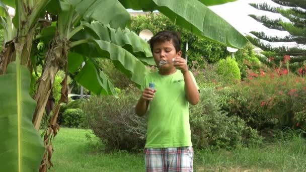 Glücklicher Junge, der Blasen pustet — Stockvideo