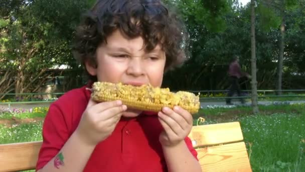 Маленький мальчик ест кукурузу — стоковое видео