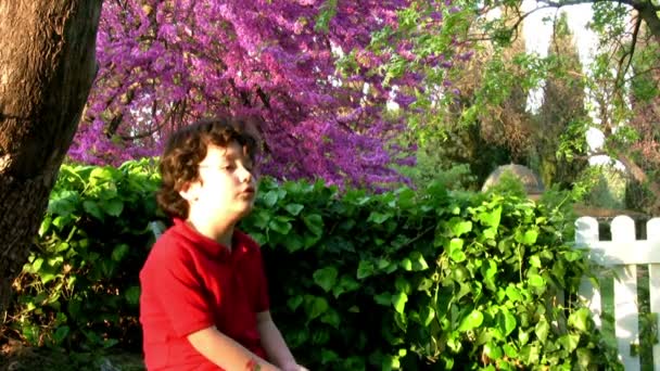 Niño cantando una canción en el jardín — Vídeos de Stock