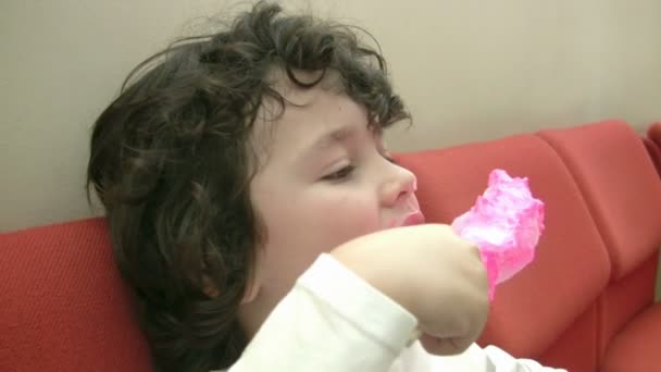 Pequeño niño comiendo algodón caramelo — Vídeo de stock