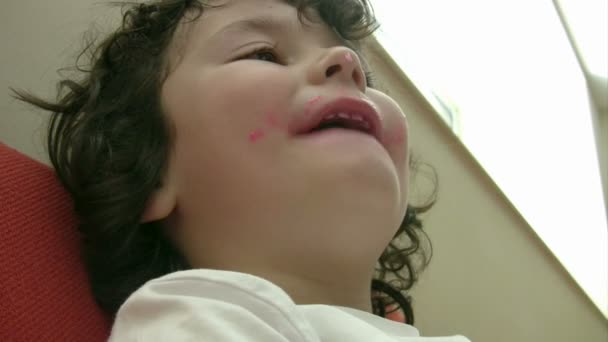 Little Boy Eating Cotton Candy — Stock Video