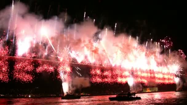 Fuegos artificiales vertiendo en el puente — Vídeo de stock