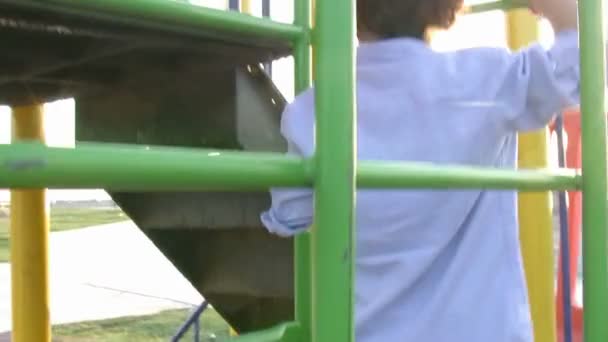 Little boy climbing bars at park — Stock Video