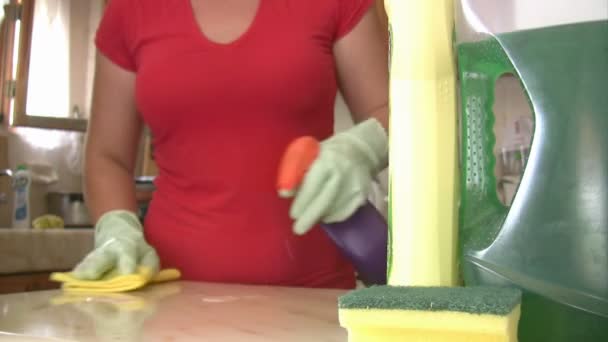 Mulher limpando a cozinha — Vídeo de Stock