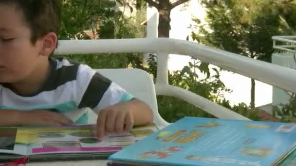 Liten pojke läser bok — Stockvideo